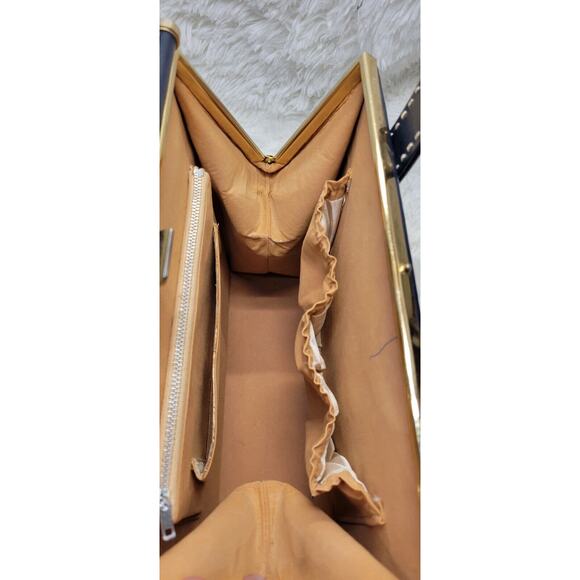 Vintage 1960's Dark Navy Gold Accent Leather Womens Lined Snap Closure Handbag - Picture 7 of 11